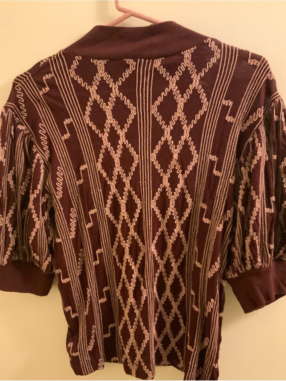 Free People Burgundy Knit Puff-Sleeve Top with Pink Embroidered Pattern - Picture 4 of 4
